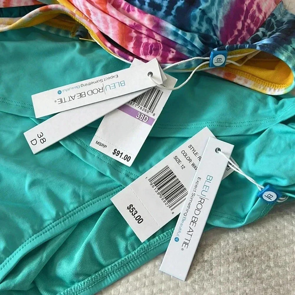 Bleu Rod Beattie Rainbow Tye Dye D-Cup Swim Top 38D and Bottom Size 12 - Picture 9 of 10